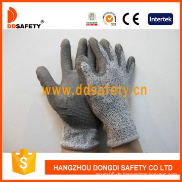 13G Hppe (Hochleistungs-Polyethylenfasern) / Glasfaser Liner, Spandex / Nylon Mixedgrey Handschuhe PU beschichtet auf Handfläche / Finger. (DCR120)